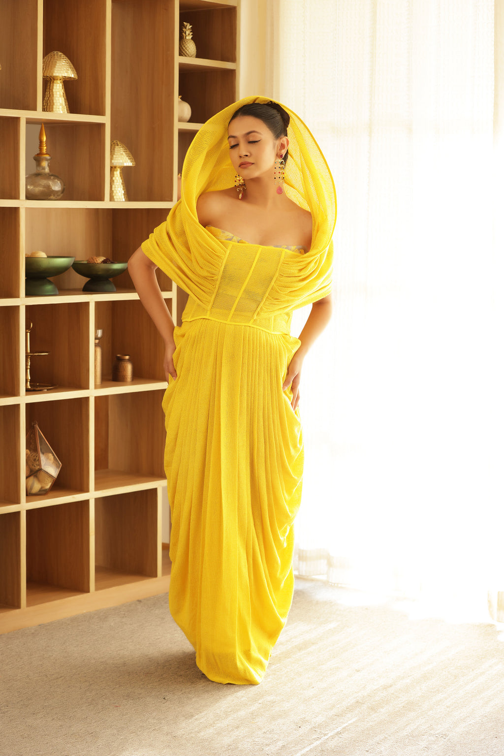 Yellow Structured Drape Saree Gown