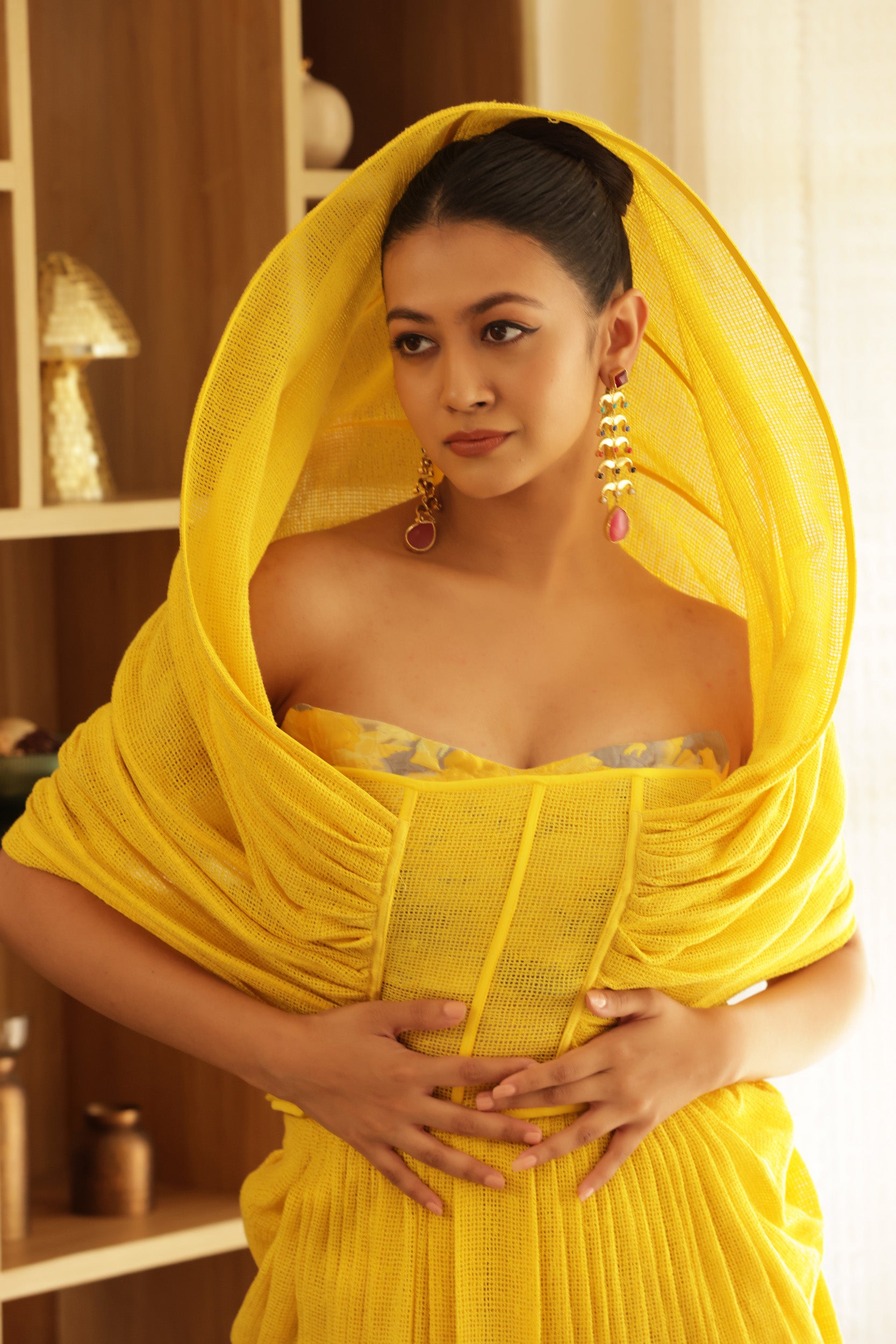 Yellow Structured Drape Saree Gown