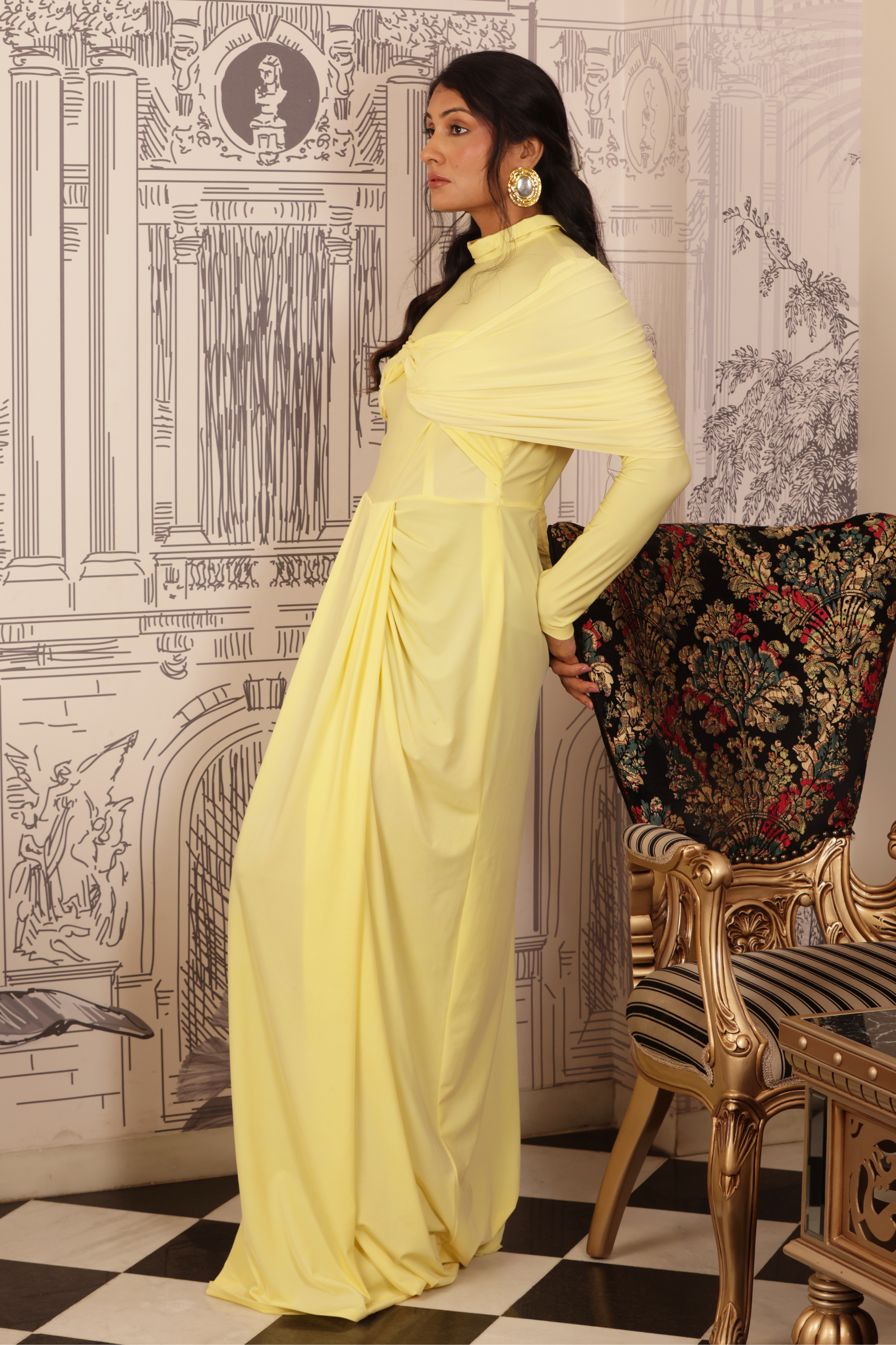 Butter Yellow Draped Cape Dress