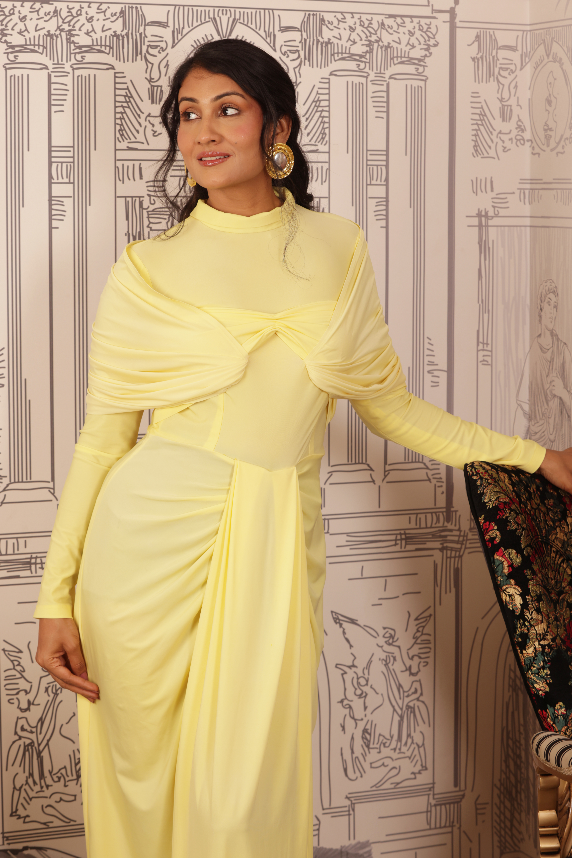 Butter Yellow Draped Cape Dress