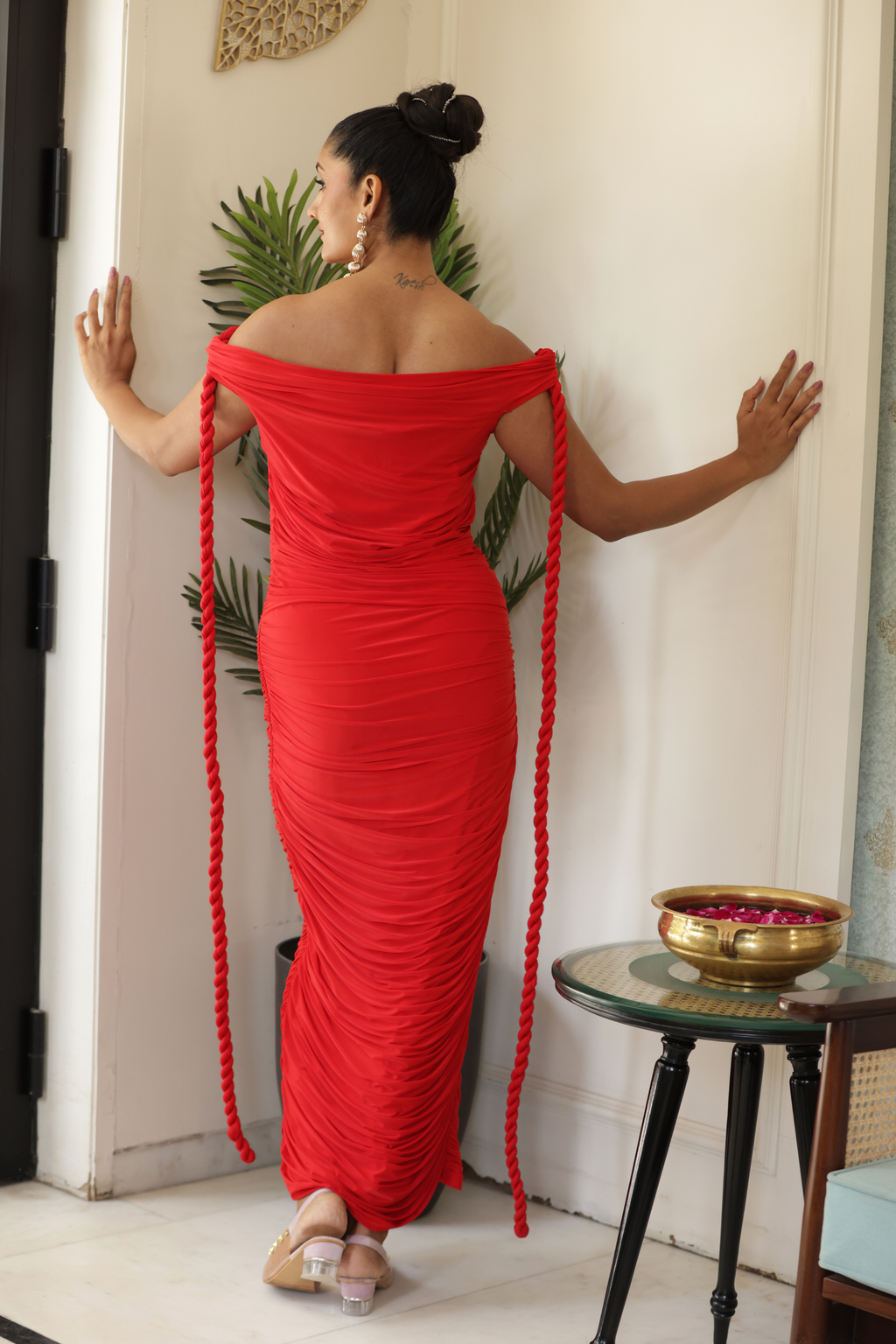 Offshoulder Red Drape Dress