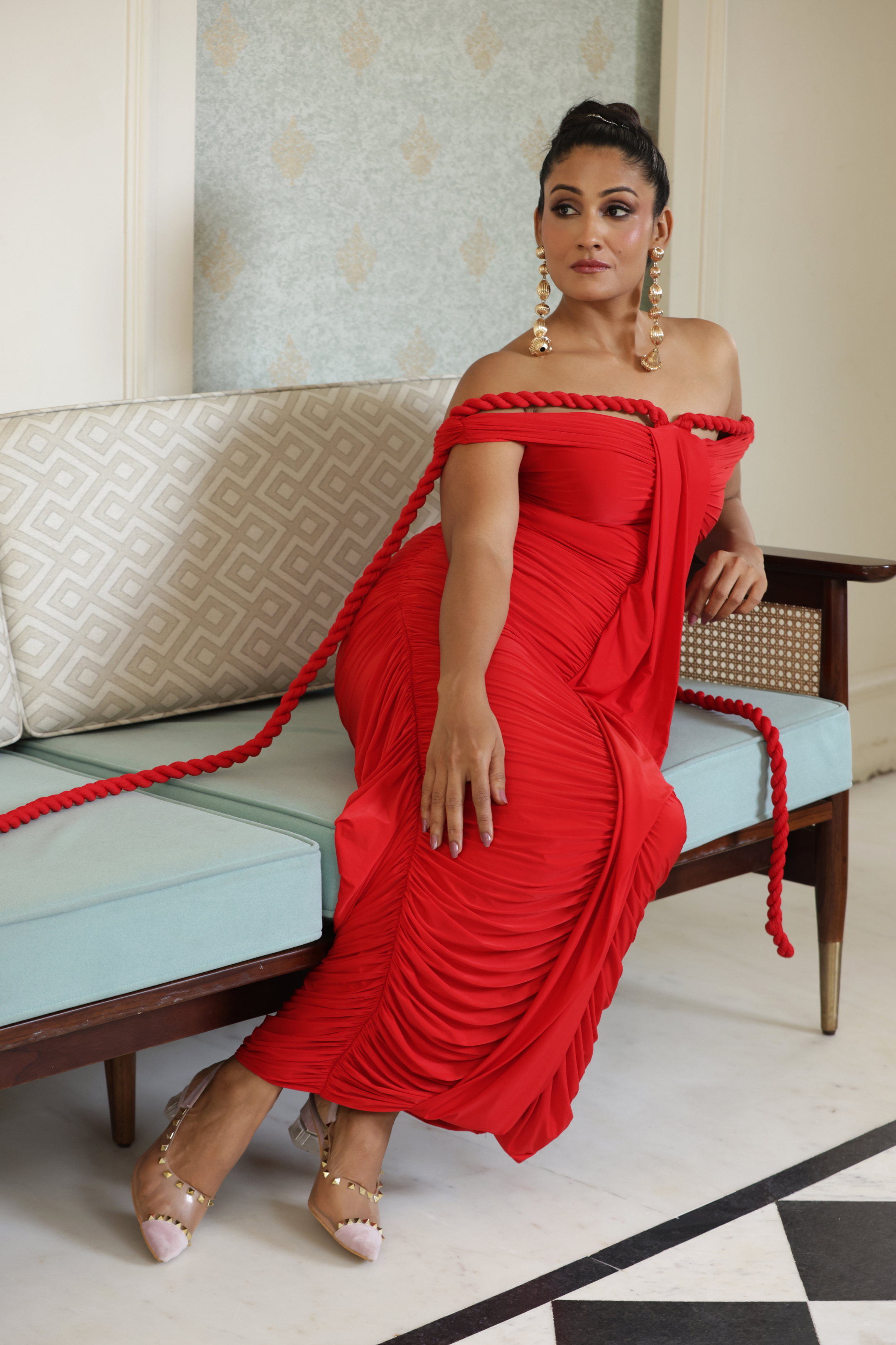 Offshoulder Red Drape Dress