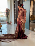 Burgundy Banarasi Structured Drape Gown