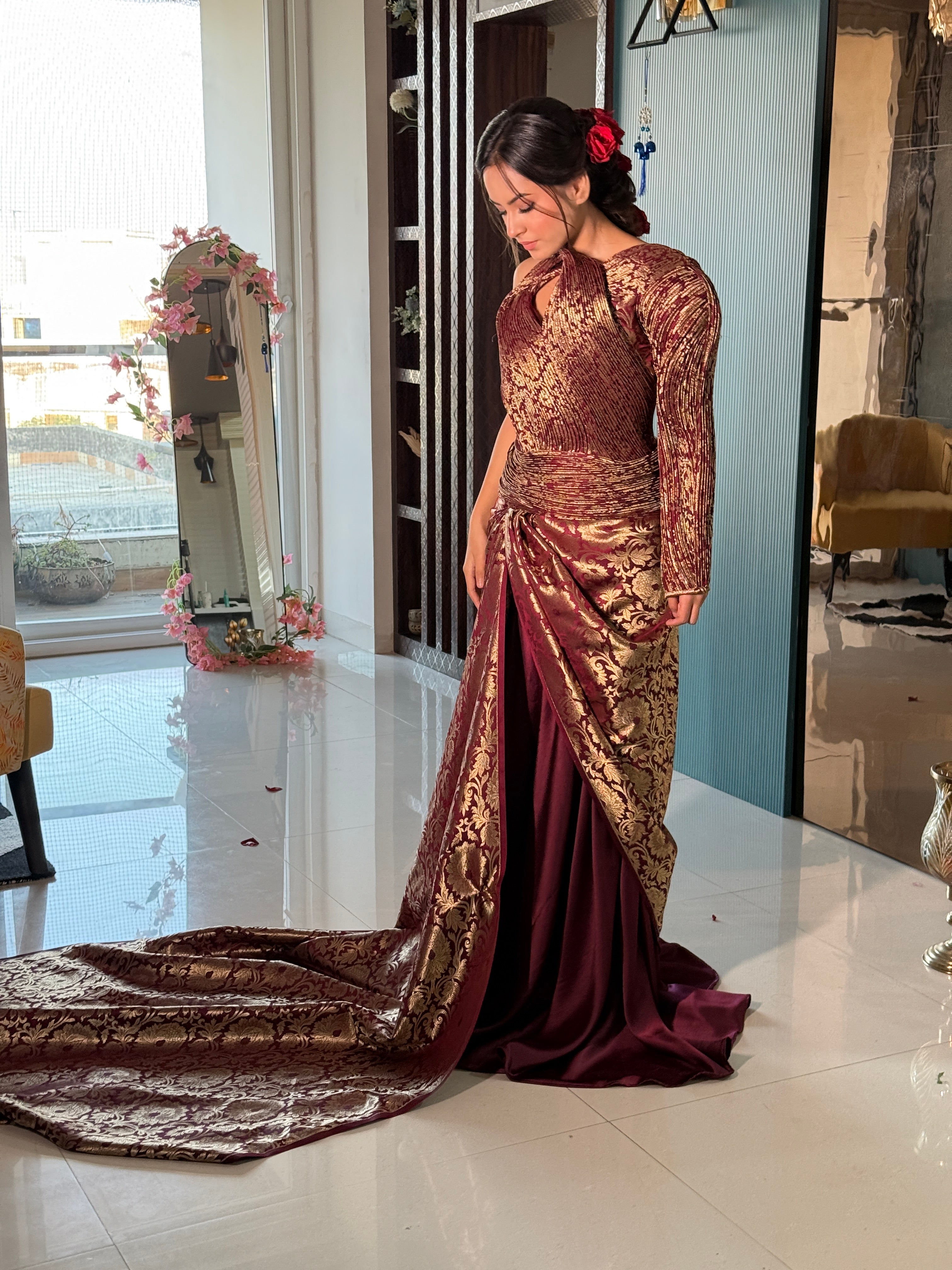 Burgundy Banarasi Structured Drape Gown