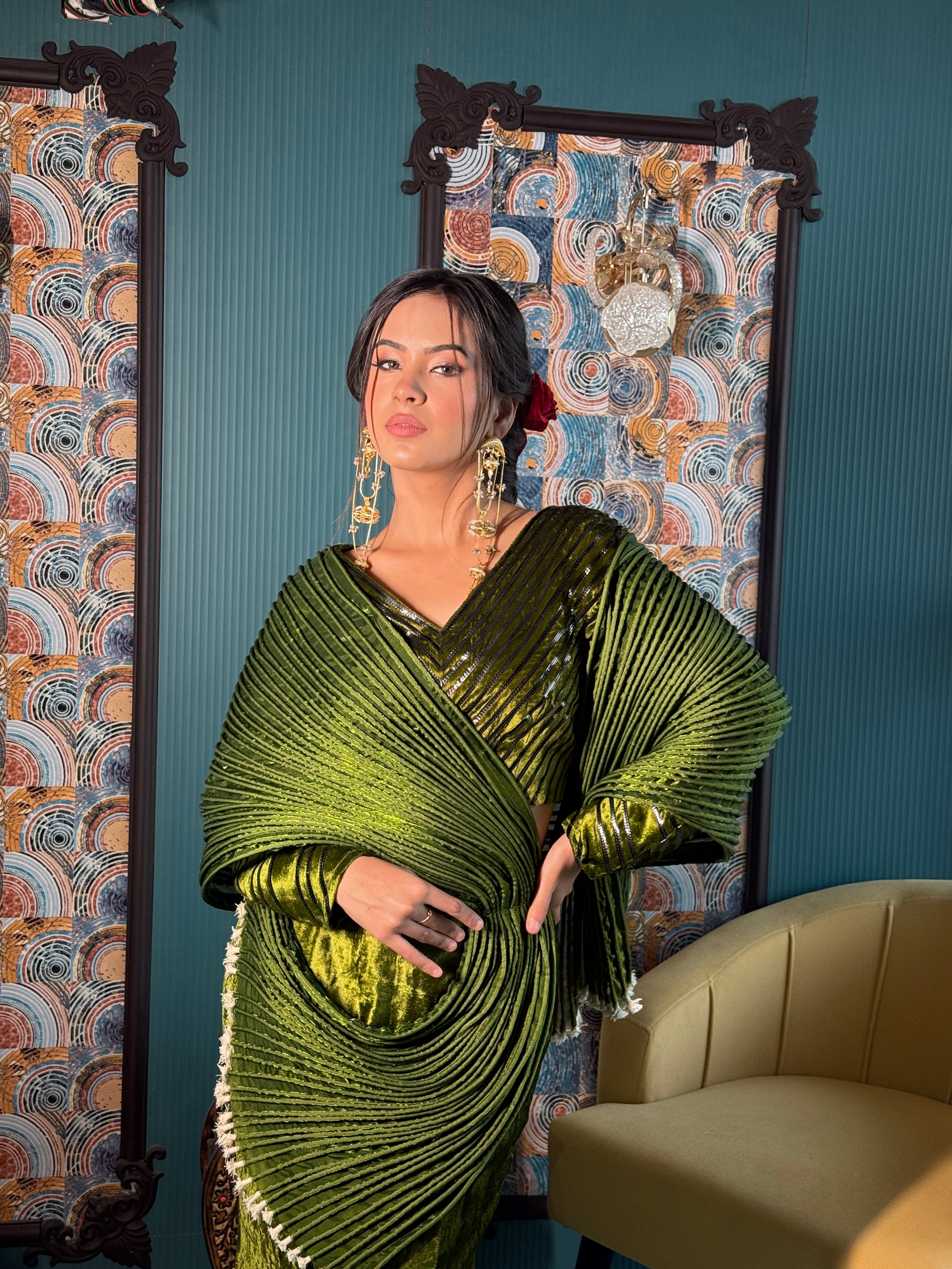Olive Green Structured Drape Saree