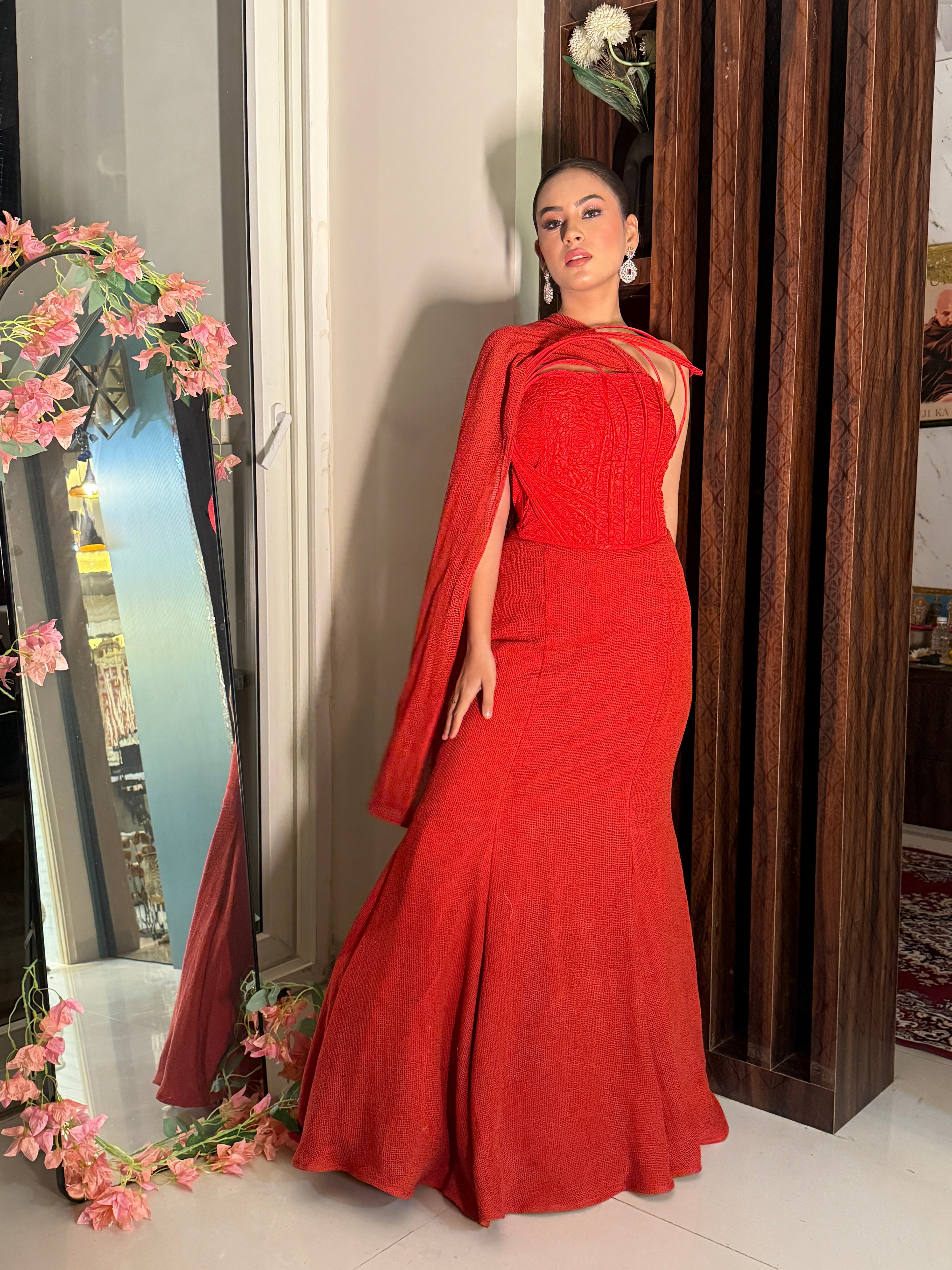 Red Drape Saree Gown