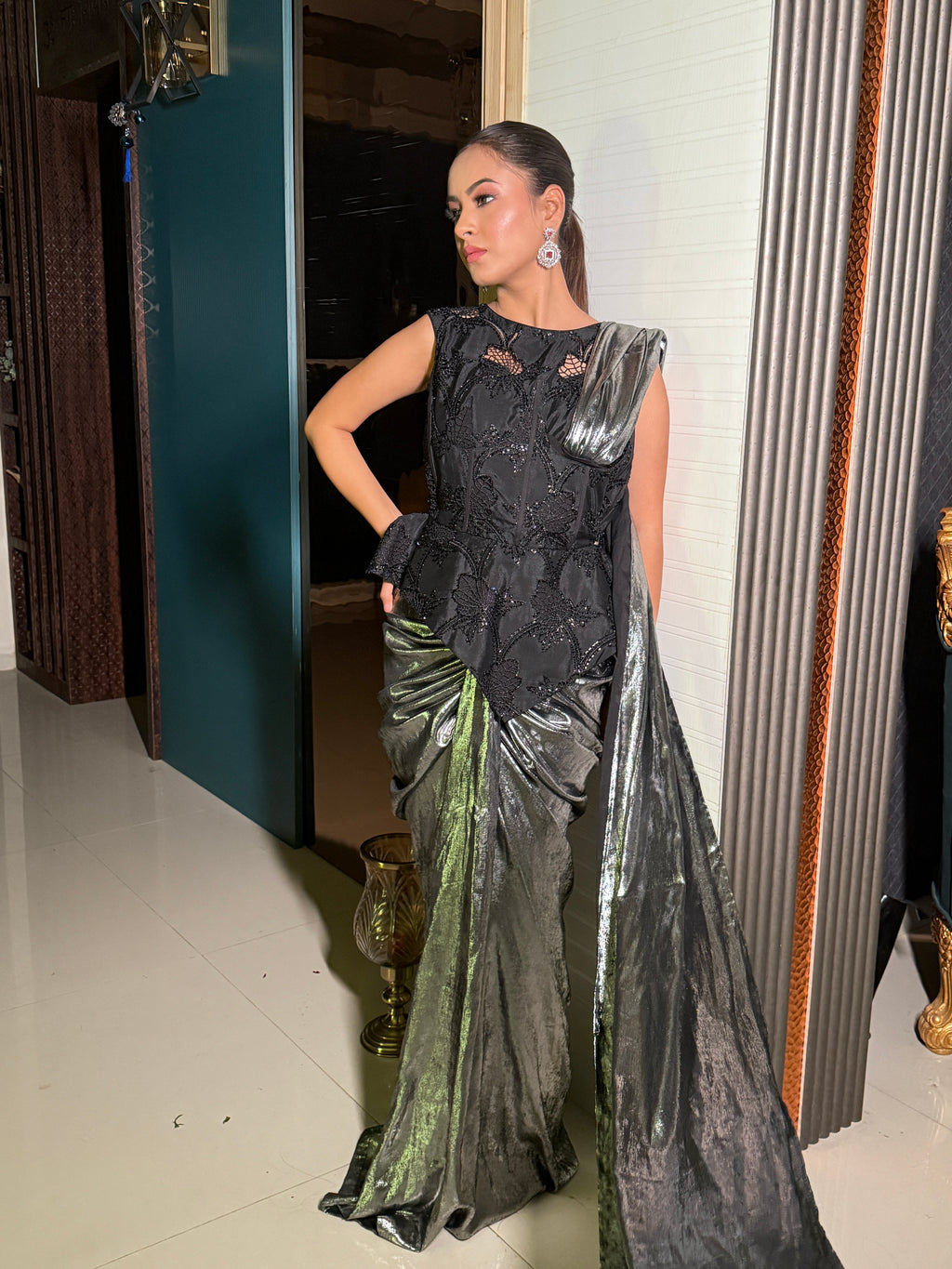Metallic Noir Saree Gown