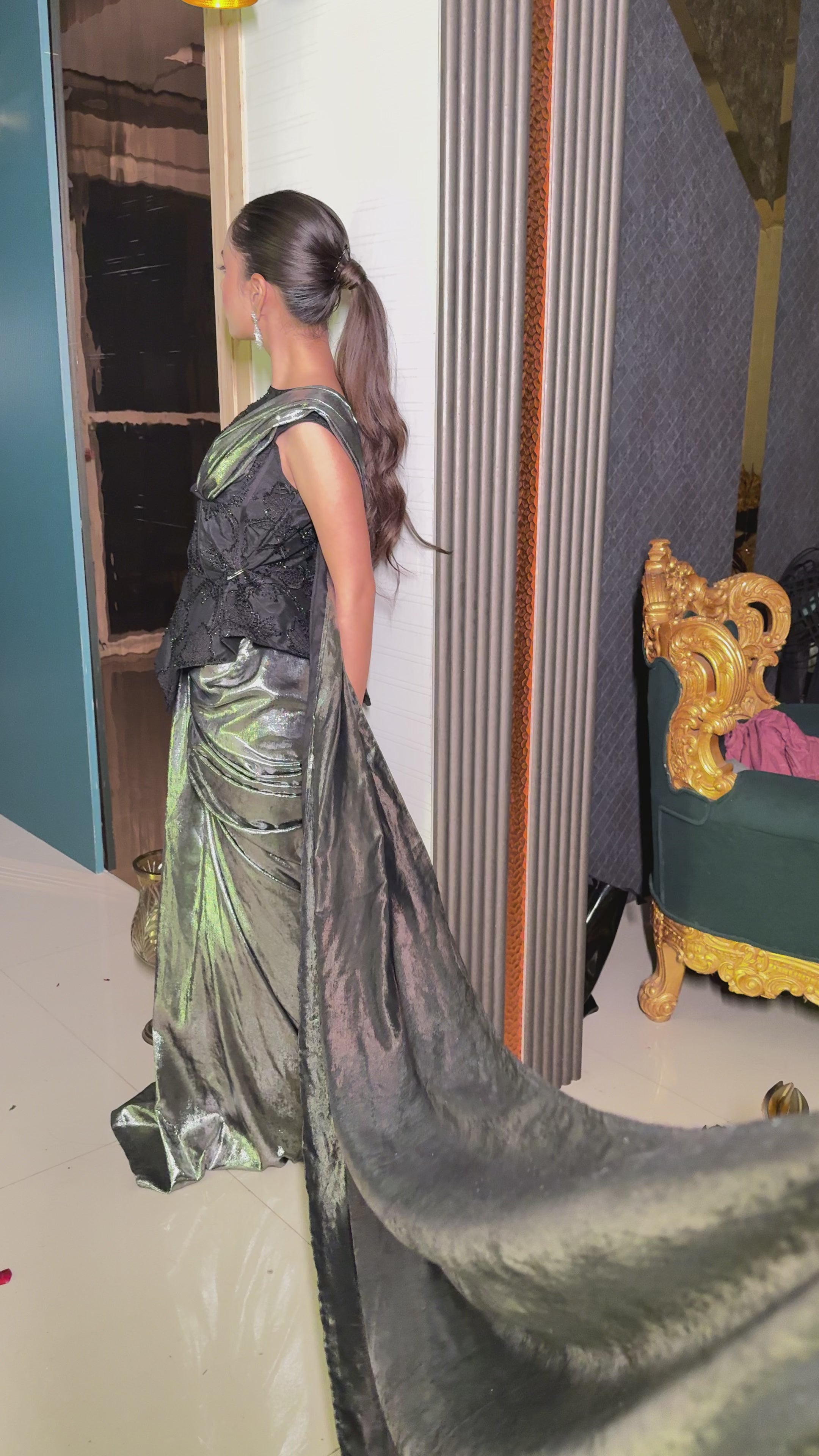 Metallic Noir Saree Gown